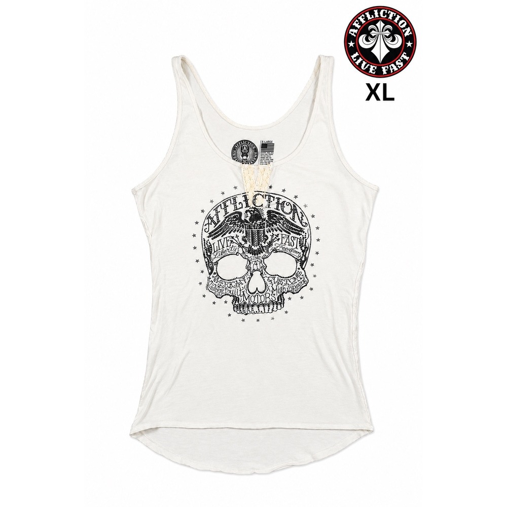 Affliction Live Fast Skull Tank Top Women's XL Ivory Graphic High Low Hem